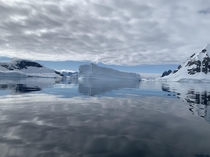Antarctic Peninsula Cloudy Day Reflection  Massive Ice Berg recently Separated from Coastal Glacier 