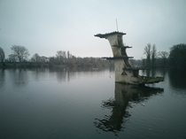 Art deco diving board in Coate Water Country Park England 