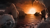 Artists impression of the surface of TRAPPIST-f depicting a liquid water ocean on its surface The parent star and neighbouring planets are also illustrated