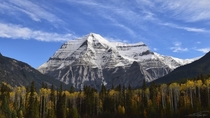 As the tallest mountain in the Canadian Rockies Mt Robson is an imposing first sight heading to the trailhead Mt Robson Provincial Park BC 