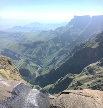 At the edge of Tugela Falls Located on the Amphitheater escarpment in the Drakensberg mountains South Africa Second tallest waterfall in the world with a height of m 
