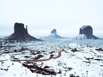 At the end of a four-week road trip I ran into some bad luck a flat tire I stayed the night in Monument Valley in Utah and my fortunes turned around when I was able to capture the sandstone buttes after a light coating of snow  Photo by Tyler Lekki