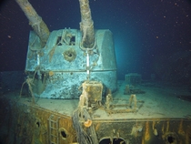 B Turret on the wreck of HMAS Sydney showing a direct hit from the cm guns of Kormoran suffered during their mutually destructive engagement 