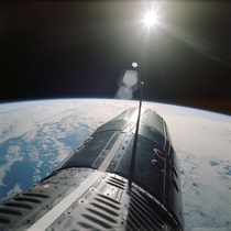 Backdropped over the Pacific Ocean the nose of the Gemini spacecraft is seen as photographed by astronaut Eugene A Cernan pilot of the Gemini-A spaceflight June   