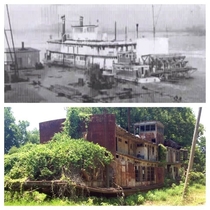 Beached remains of the Mamie S Barrett a sternwheeler used by FDR in the Mississippi River inspections 