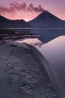 Bear pawprints line the shores of a lake at the foot of a volcano in Kamchatka Russia  photo by  