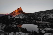 Beautiful sunset caught at Upper Cathedral Lake in Yosemite CA 