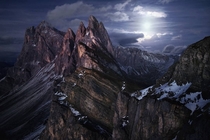 Between Day And Night Moonrise over the Seceda ridge just some minutes after sunset Dolomites  Photo by Kilian Schoenberger
