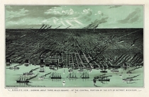 Birds eye view--showing about three miles square--of the central portion of the city of Detroit Michigan Calvert Lith Co Copyright stamp indicates this was made by  