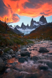 Blazing sunset over Mt Fitz Roy in Los Glaciares National Park Argentina  OC