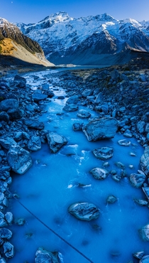 Blue water running from a glacier in Mt Cook National Park NZ 