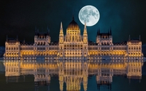 Budapest-Hungary The Parliament Building lit by a full-moon