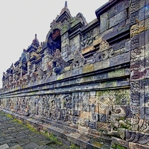Buddhist stories sculpted along walls of Borobodur cultural site Java 