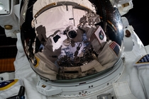 Cakeday sharing of my favorite selfie ever taken in space by Jessica Meir Love the detailed patchwork and visible earth