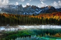 Carezza Lake in the Italian Dolomites  photo by Marco Carmassi