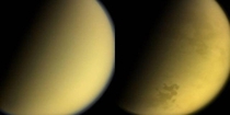 Cassinis last shot of Titan before it slowly descended down into Saturn left is visible and right is through infrared will be missed 