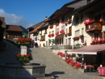 Central square in the fortified village of Gruyres Switzerland 