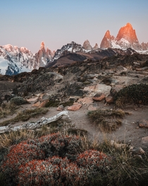 Cerro Torre and Fitz Roy in the first sunlight of the day 