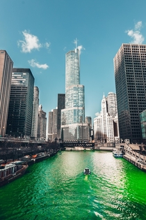 Chicago River dyed green for St Patricks Day