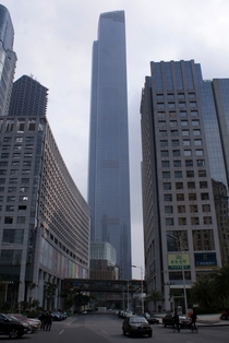 Chow Tai Fook Centre Towering Over Street in Guangzhou China 