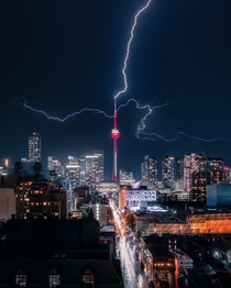 CN Tower Toronto being struck by Lightning  X