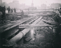 Columbus Circle during construction of the original subway in  Manhattan NYC