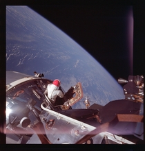 David Scott taking in the view during an EVA from Command Module Gumdrop seen from docked Lunar Module Spider 