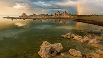 Double rainbows are rare but when they happen above tufa formations of Mono Lake with perfectly still water its an amazing experience 