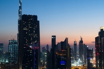 Dubai financial district at sunset 