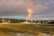 Early morning steam from the various geysers of Upper Geyser Basin Yellowstone 