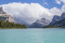 Emerald-colored water of Maligne Lake in Jasper National Park Alberta Canada 
