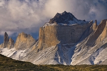 Evening Light in Torres del Paine left to right are Cerro Espada Cerro Hoja and Cuernos Norte 