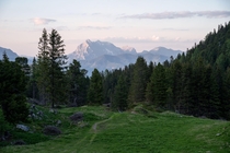 Evening sunlight hitting the mountains of nationalpark Gesuse Austria OC 