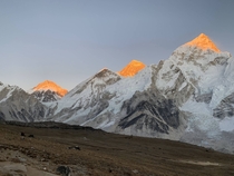 Everest Nuptse and Changtse at sunset catching the final rays of sun last November 