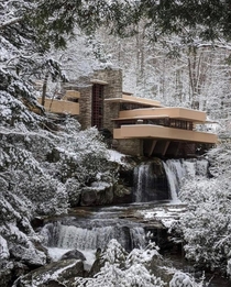 Fallingwater under snow designed by Frank Lloyd Wright in 