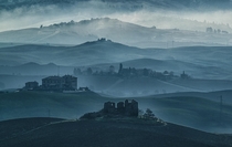 Farmhouse in ruins in the misty Volterras countryside Tuscany  Photo by Maltan Anton xpost from rItalyPhotos