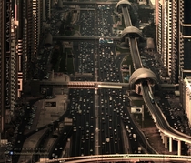 Featured is the Busiest road in the Middle East the mighty Sheikh Zayed Road in Dubai during the rush hour This is a panoramic view stitched from  vertically oriented photographs  photo byBeno Saradzic