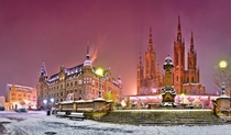First Snow in the historic city center of Wiesbaden Germany 