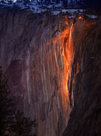 For a few days in February each year when several weather and climatic conditions are just right the Horsetail Fall in Yosemite national park glows like fire 