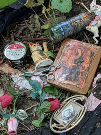Found by an abandoned bicycle in the woods Appears to be the possessions of a homeless woman that carried her worldly possessions around in a plastic milk crate tied to the back of her bike Somebody stole her bike and dumped it in the woods 