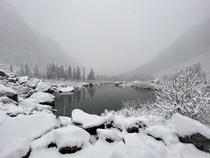 Fresh snow falls on Heather Lake - Mount Baker National Forest Verlot Washington 