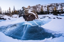 Frozen Lake Haiyaha in Rocky Mountain National Park 