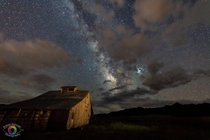 Galactic Core Jupiter and Saturn over an old barn near Westcliffe CO