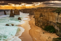 Golden Rays descend on the Melbourne Cliffs known as the  Apostles in Australia Photo by Bipphy Kath 