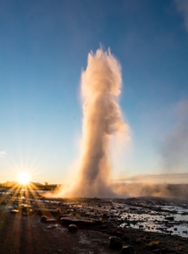 Got out of bed at  am during midsummer to capture the first rays of sun together with the geysir Strokkur erupting - Iceland  - IG glacionaut