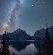 Grand Teton and Jenny Lake under the Milky Way Award winning photo for best night skies in the National Parks x 