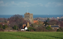 Great Mongeham and St Martins Church with Deal and the English Channel in the background - Kent UK 