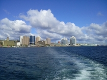 Halifax Nova Scotia from the Woodside ferry To the right is HMCS Preserver with the two harbour bridges in the distance 