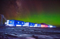 Halley VI on the Brunt ice shelf Antarctica during the southern lights 