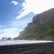 Hauntingly beautiful views of of a black sand beach hitting lush green cliffs in Vik Iceland 